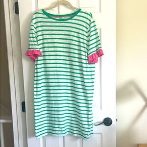 Green and White Striped Dress with Pink ruffle sleeves.